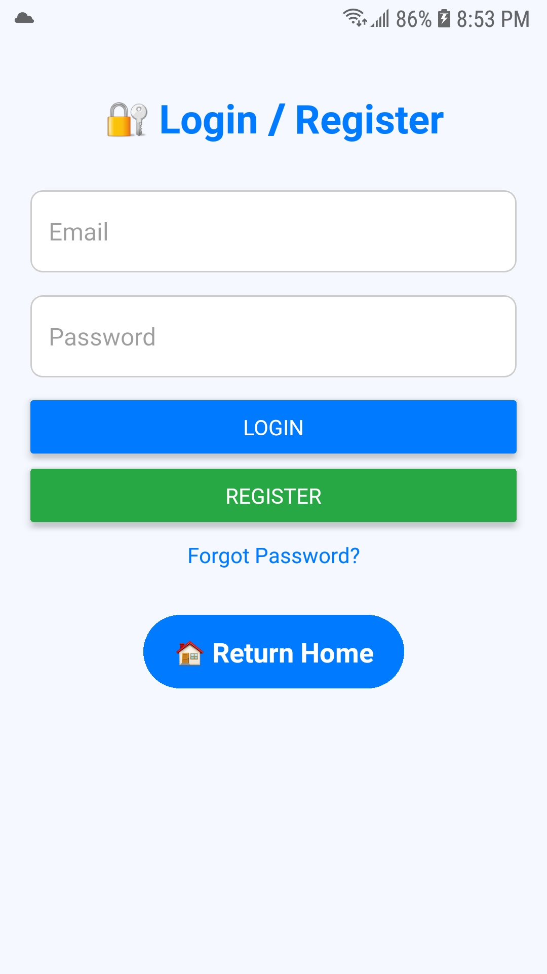 Login/Register screen